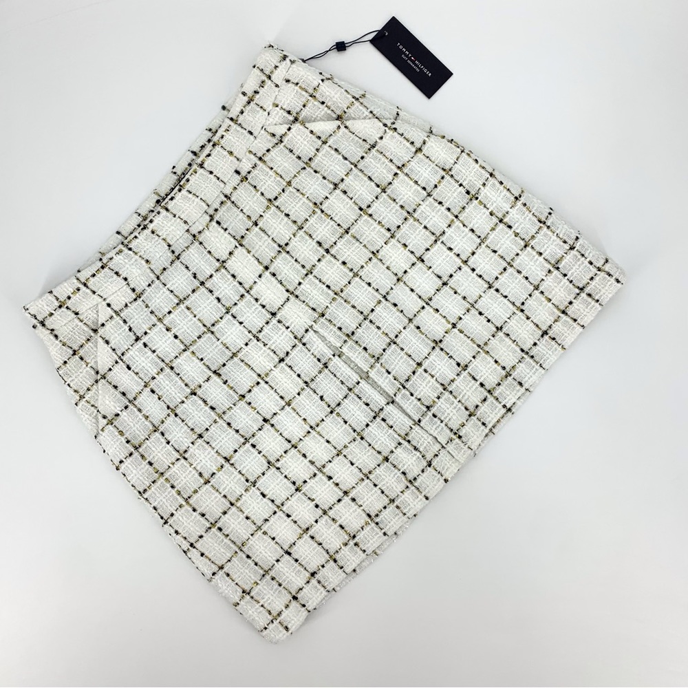 Tommy Hilfiger NWT Ivory Black Gold Plaid Tweed Mini Pencil Pocketed Skirt, 8